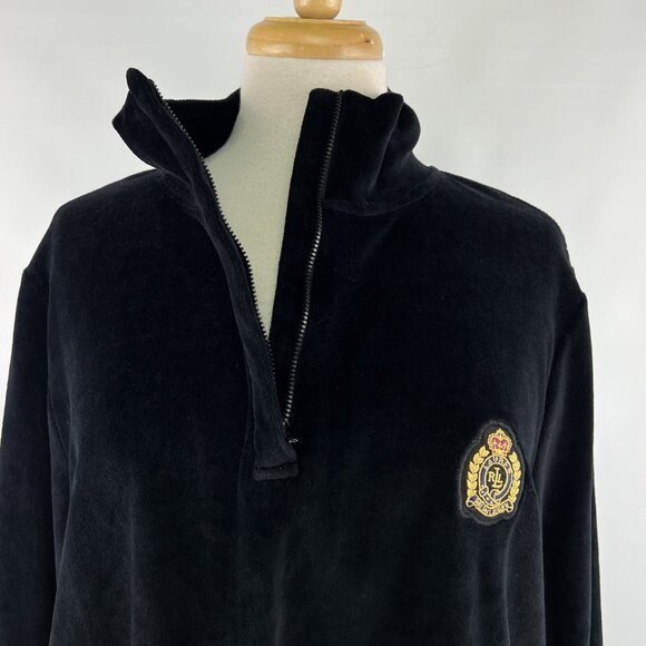 Lauren Ralph Lauren Sz 1X Black Velvet Velour Track Top 1/4 Zip Pullover Crest - Picture 3 of 10